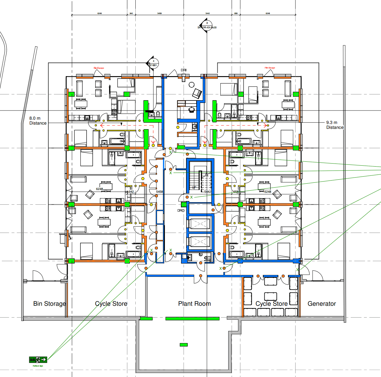 Floor plan marked up with fire compartment lines and escape distances