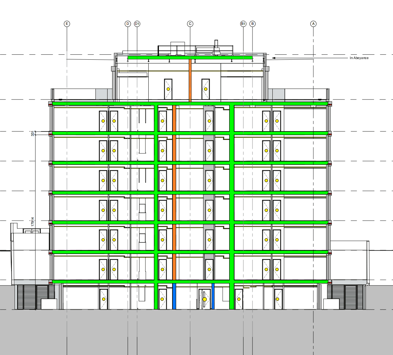 Building section drawing showing fire-resisting floors and compartment walls