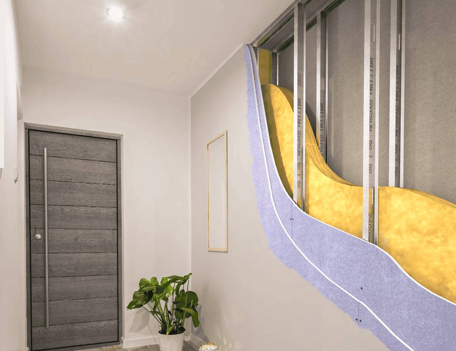 Cutaway of a fire-resisting partition wall showing the insulation and lining layers