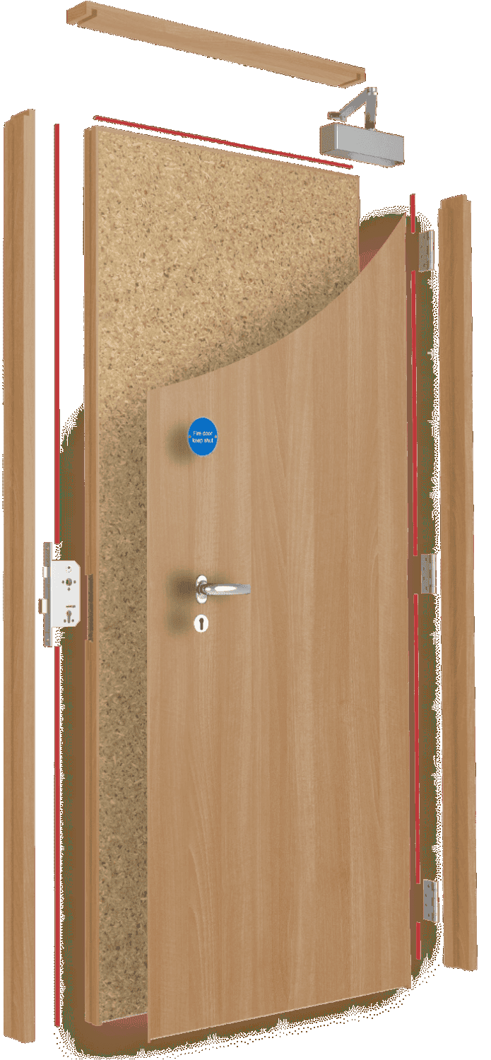 Cutaway of a certified fire door showing the leaf, frame, intumescent strips, closer and hardware