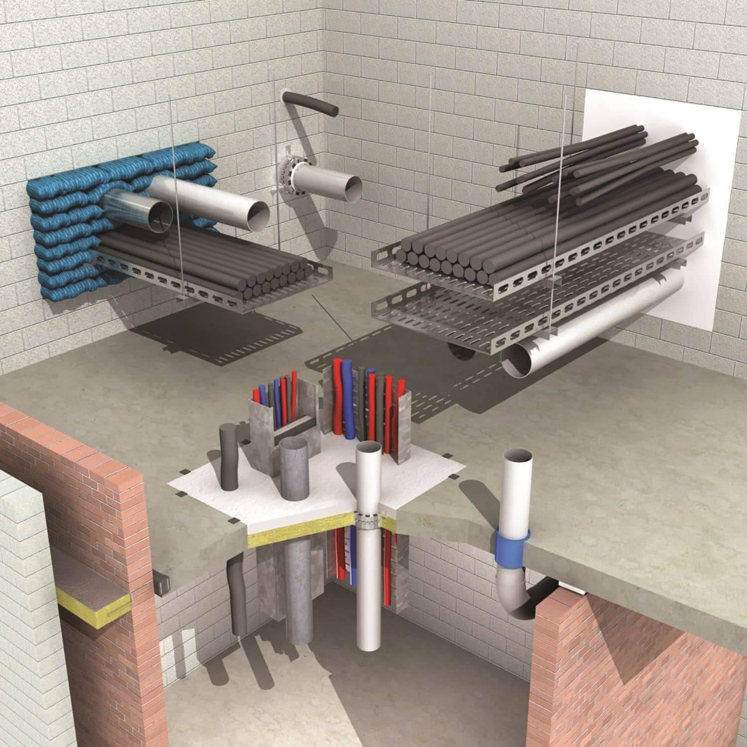 Cutaway illustration of firestopped service penetrations through a fire-rated wall and floor